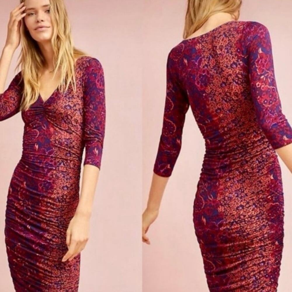 Anthropologie Moulinette Soeurs Begonia Ruched Midi Dress Floral Navy Red‎ XS